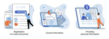 Registration of claim form register document, providing personal information, income information vector set. Employer form, earnings statement documents. Tax, financial and accounting reporting