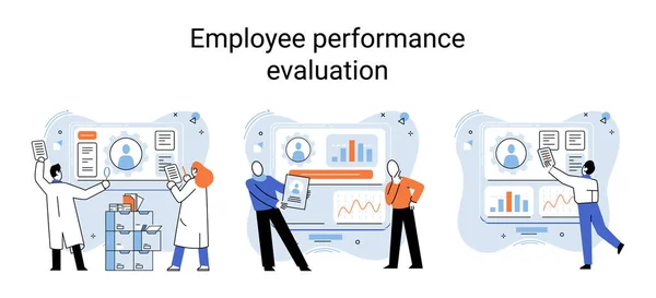 Employee Performance Evoluation Analysis Effectiveness Professional Activity Scenes Set Establishing — Stock Vector