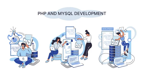 Php Mysql Development Metaphor Software Website Developer Computer Programmer Service — Stock Vector
