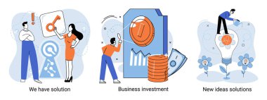 Çözüm metaforumuz, iş yatırımımız, yeni fikirler, çözüm sahnelerimiz var. Takım çalışması ve beyin fırtınası. Takım ve yeni bir başlangıç. Liderlik ve finansal faaliyetler. Yeni fikirler için ortak aramayı kavra