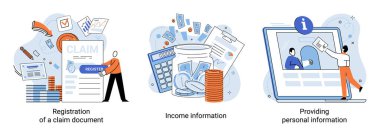 Registration of claim form register document, providing personal information, income information vector set. Employer form, earnings statement documents. Tax, financial and accounting reporting