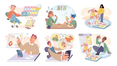 Children at home with phones and tablets set. Kids remote education, toddlers use smart technologies. Kids studying online, surfing social media, playing game, chatting by video call and use internet