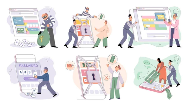 Hacker activity. Hacking computer. Phishing account, steal data, cyber attack. Stealing password. Cyber crime, theft personal information, cyber security spy access. Internet fraud scenes set metaphor