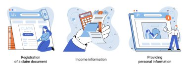 Providing personal information, report your income, claim documents concepts set with person submits reply to inspector. Employer form, earnings statement documents, Tax filing inspector and taxpayer