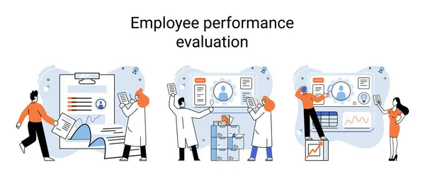 Employee Performance Evoluation Analysis Effectiveness Professional Activity Scenes Set Establishing — Stock Vector