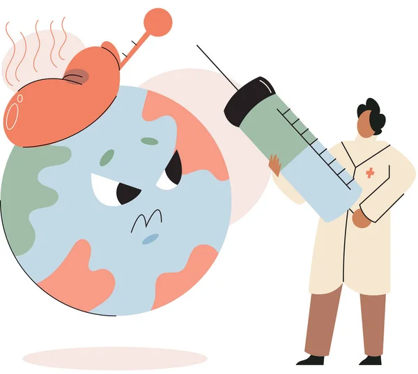 Bilimadamları Tükenmiş Gezegeni Tedavi Ediyor Küreye Bir Iğne Yapıyor Çevresel — Stok Vektör