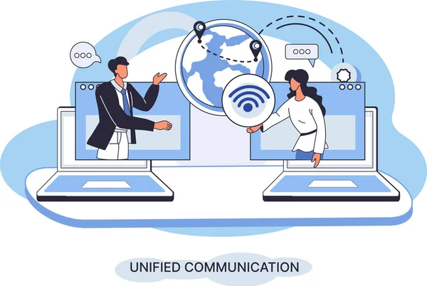 Metáfora Comunicação Unificada Personagens Usam Conexão Telefonia Sem Fio Sistema —  Vetores de Stock