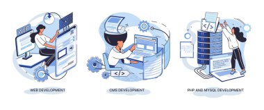 Web sitesi mimarisi metaforu kavramsallaştırır. Web geliştirme, PHP ve MySQL, CMS, arayüz tasarımı, yazılım testi. Oluşturma dijital yazılım mobil, masaüstü platformları. Dijital içerik yönetim sistemi