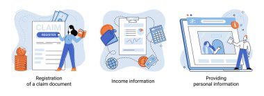 Registration of claim form register document, providing personal information, income information vector set. Employer form, earnings statement documents. Tax, financial and accounting reporting