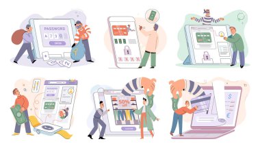 Hacker activity. Hacking computer. Phishing account, steal data, cyber attack. Stealing password. Cyber crime, theft personal information, cyber security spy access. Internet fraud scenes set metaphor