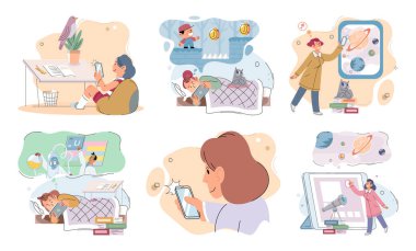 Children at home with phones and tablets set. Kids, toddlers use smart technologies lying in bed before going to sleep. Kids surfing social media, playing game, chatting by video call and use internet