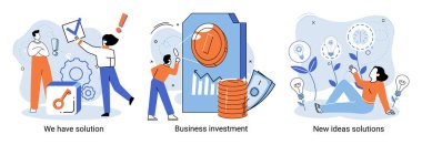Çözüm metaforumuz, iş yatırımımız, yeni fikirler, çözüm sahnelerimiz var. Takım çalışması ve beyin fırtınası. Takım ve yeni bir başlangıç. Liderlik ve finansal faaliyetler. Yeni fikirler için ortak aramayı kavra