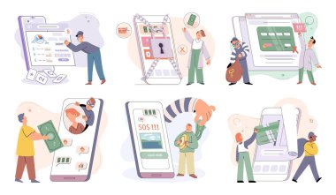 Hacker activity. Hacking computer. Phishing account, steal data, cyber attack. Stealing password. Cyber crime, theft personal information, cyber security spy access. Internet fraud scenes set metaphor