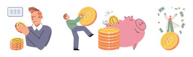 Successful businessman hold piggybank collect dollar coins for good financial investment. Happy person receive profit or income in piggy bank from savings. Invest, finance concept. Personal budget