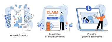Registration of claim form register document, providing personal information, income information vector set. Employer form, earnings statement documents. Tax, financial and accounting reporting