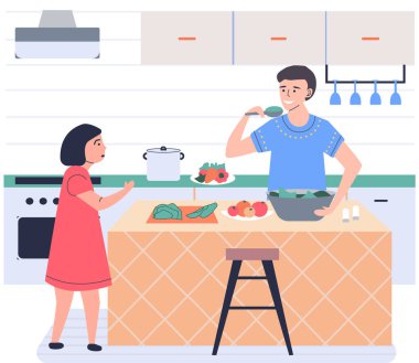 Baba ve kızı mutfak odasında birlikte yemek pişiriyorlar. Ebeveyn ve çocuk sebze kesiyor, mutlu aile üyeleri vejetaryen salatası yapıyor. Düzgün beslenme, sağlıklı yaşam tarzı ve vejetaryenlik kavramı