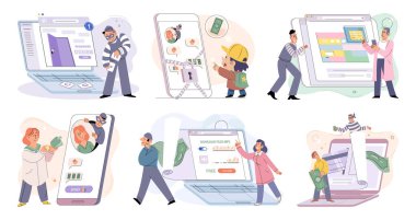Hacker activity. Hacking computer. Phishing account, steal data, cyber attack. Stealing password. Cyber crime, theft personal information, cyber security spy access. Internet fraud scenes set metaphor