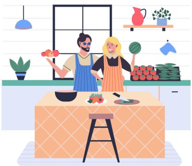 Mutlu çift birlikte sebze salatası pişiriyor. Önlüklü insanlar mutfak masasında sağlıklı yemek hazırlıyorlar. Genç bir aile evde yemek hazırlıyor, akşam yemeği yiyor. Sağlıklı yaşam tarzı ve vejetaryenlik