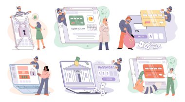 Hacker activity. Hacking computer. Phishing account, steal data, cyber attack. Stealing password. Cyber crime, theft personal information, cyber security spy access. Internet fraud scenes set metaphor