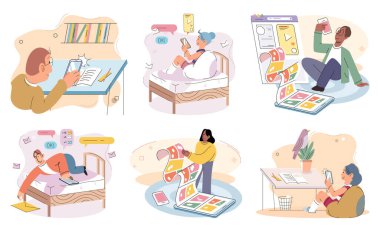 Children at home with phones and tablets set. Kids remote education, toddlers use smart technologies. Kids studying online, surfing social media, playing game, chatting by video call and use internet