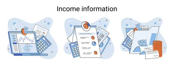 stock vector Income information vector set, business profitability indicator, entrepreneurial activity and accounting. Registration of claim form document, providing personal information, financial report for tax