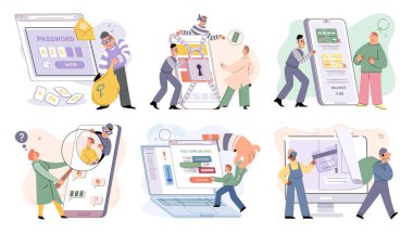 Hacker activity. Hacking computer. Phishing account, steal data, cyber attack. Stealing password. Cyber crime, theft personal information, cyber security spy access. Internet fraud scenes set metaphor