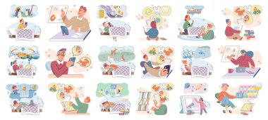 Children at home with phones and tablets set. Kids remote education, toddlers use smart technologies. Kids studying online, surfing social media, playing game, chatting by video call and use internet