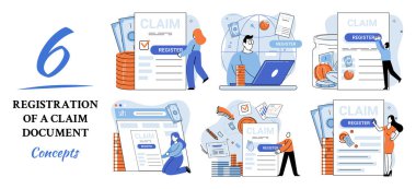 Registration of claim form register document, providing personal information, income information vector set. Employer form, earnings statement documents. Tax, financial and accounting reporting