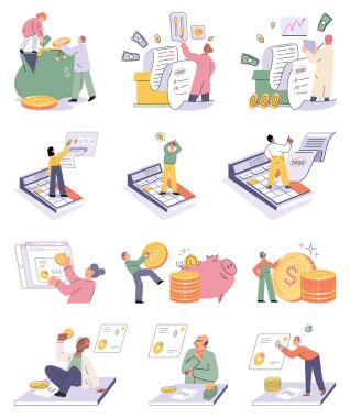 Set of people analyzing personal or corporate budget. Concept of finance accounting and calculation of financial income and expenses report. Financial consultant with document for tax computation