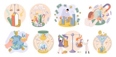 International investment company, money bills and coins fly around world. Global economy financial system vector set. Loan of money made by investor for purpose of earning interest. World cash flows