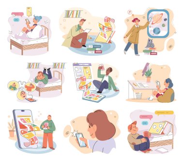 Children at home with phones and tablets set. Kids remote education, toddlers use smart technologies. Kids studying online, surfing social media, playing game, chatting by video call and use internet