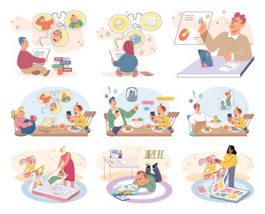 Children at home with phones and tablets set. Kids remote education, toddlers use smart technologies. Kids studying online, surfing social media, playing game, chatting by video call and use internet