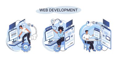 Web geliştirme metaforu, kodlama ve programlama yanıt veren internet sitesi veya aygıt uygulaması. Oluşturma dijital yazılım mobil, masaüstü platformları. Bilgisayar kodu, tablet, telefon, dijital iş