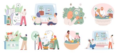 Doktor şifalı bitkileri kontrol ediyor. Doğal bitkisel ilaç seçimi. Doğal ilaç araştırması yapan bir bilim adamı. Yeşil bitkisel tıp araştırma laboratuvarı. Bilim adamı doktor alternatif şifalı bitkiler yapıyor.