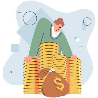 Adam parayı çantaya koyuyor, mali gelir hesaplıyor. Planlama bütçesi. Para biriktir ve yatırım yap. Gelirleri saymak için bozukluklar. Nakit kazanç ve servet. Ekonominin başarısı ve ticaretin büyümesi