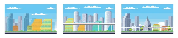 Pixel Konst Landskap Urban Gatuvy Bitars Stadsparkväg Med Bakgrundsbyggnader Och — Stock vektor