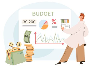 Bütçe web konsepti analiz ediliyor. Finansal verileri analiz eden ve kişisel ödemeleri planlayan bir adam. Denetleme ve finans yönetimi. Sermaye büyümesi, yatırım sistemi, iş geliştirme