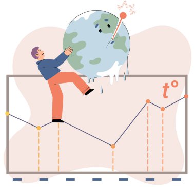 Isı ölçer ile Dünya 'yı yok edeceğim. Küresel ısınma kavramı. Doktor hastalıklı gezegeni inceler ve tedavi eder, testler yapar. Ekolojik felaket küresi. İklim değişikliği fikri ve ekoloji için tehlike