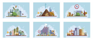 Şehir çöplükle dolu. Kirli bölge, çöplük geçmişi. Dünya günü. Yığınla atık, sokak köpekleri şehir karikatür arkaplanını kirletiyor. Hurdalık, çorak arazi. Çevre kirliliği sorunu