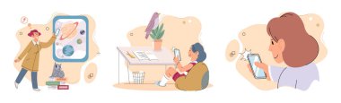Children at home with phones and tablets set. Kids remote education, toddlers use smart technologies. Kids studying online, surfing social media, playing game, chatting by video call and use internet