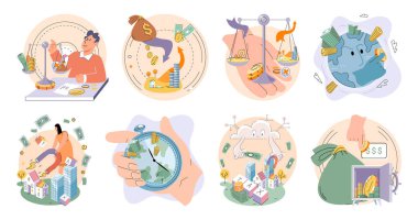 Businessman investor with coins. Employee or entrepreneur puts money in piles, calculates profit. Financial literacy and passive income, successful investor. Person stands holding bag of money