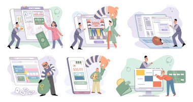 Hacker activity. Hacking computer. Phishing account, steal data, cyber attack. Stealing password. Cyber crime, theft personal information, cyber security spy access. Internet fraud scenes set metaphor