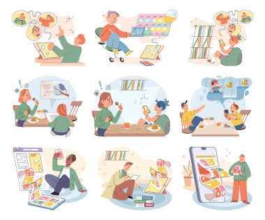 Children at home with phones and tablets set. Kids remote education, toddlers use smart technologies. Kids studying online, surfing social media, playing game, chatting by video call and use internet