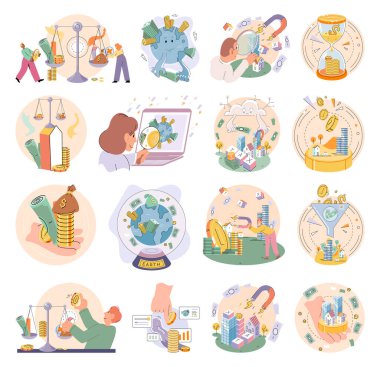 Time and money, deferred payment, financial system of global economy, capital investment, business timer countdown. Hourglass with coins and money turn into planet. World stock exchange vector set