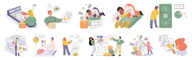 Set of people analyzing personal or corporate budget. Concept of finance accounting and calculation of financial income and expenses report. Financial consultant with document for tax computation