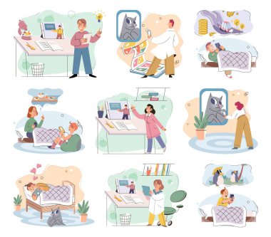 Children at home with phones and tablets set. Kids remote education, toddlers use smart technologies. Kids studying online, surfing social media, playing game, chatting by video call and use internet