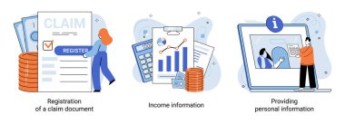 Registration of claim form register document, providing personal information, income information vector set. Employer form, earnings statement documents. Tax, financial and accounting reporting
