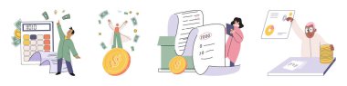 Set of people analyzing personal or corporate budget. Concept of finance accounting and calculation of financial income and expenses report. Financial consultant with document for tax computation