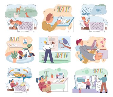 Children at home with phones and tablets set. Kids remote education, toddlers use smart technologies. Kids studying online, surfing social media, playing game, chatting by video call and use internet