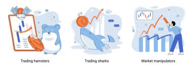 Stock market manipulation concepts set, change business graph indicator, influence crypto currency price for benefit or profit. Character analyzing stock market data to control financial graphic chart